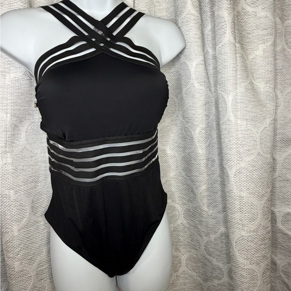 NWT Hilor Black One Piece Swimsuit Large 10/12 Strappy Mesh High Neck